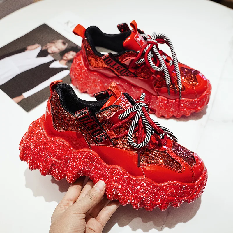 

Women Sneakers 2020 New Glitter Red Platform Sneakers Women Shoes Chunky Sneakers Lace Up Designer Dad Sneakers Basket Femme