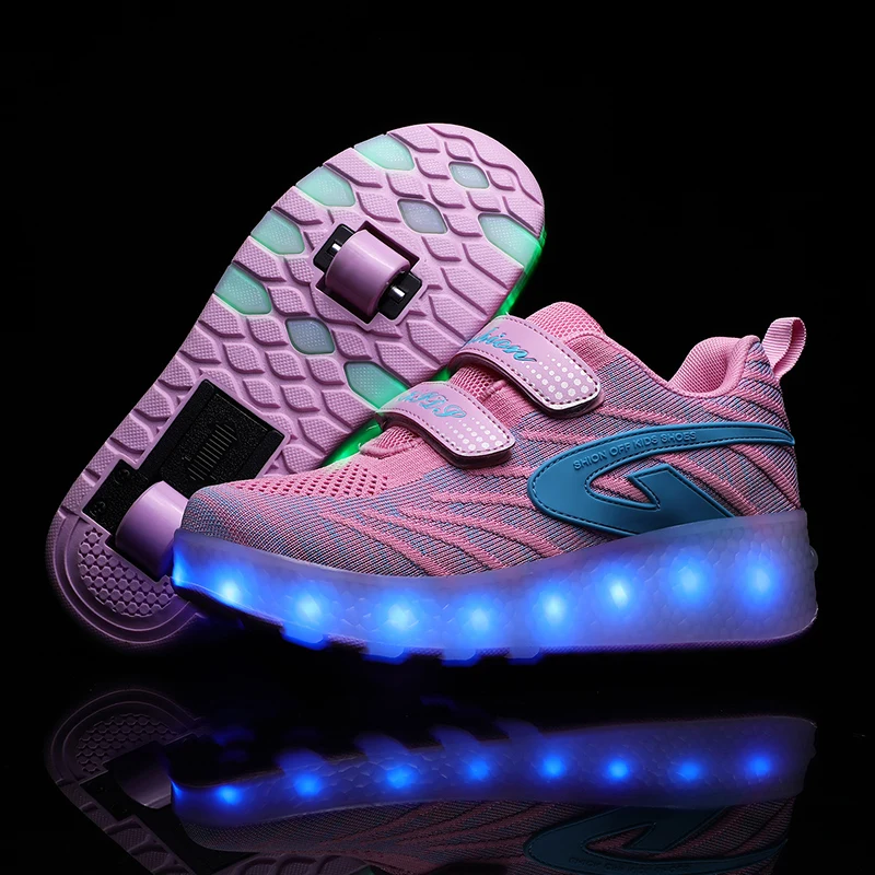 

Children Pink Two Wheels Luminous Glowing Sneakers Black Led Light Roller Skate Shoes Kids Led Shoes Boys Girls USB Charging