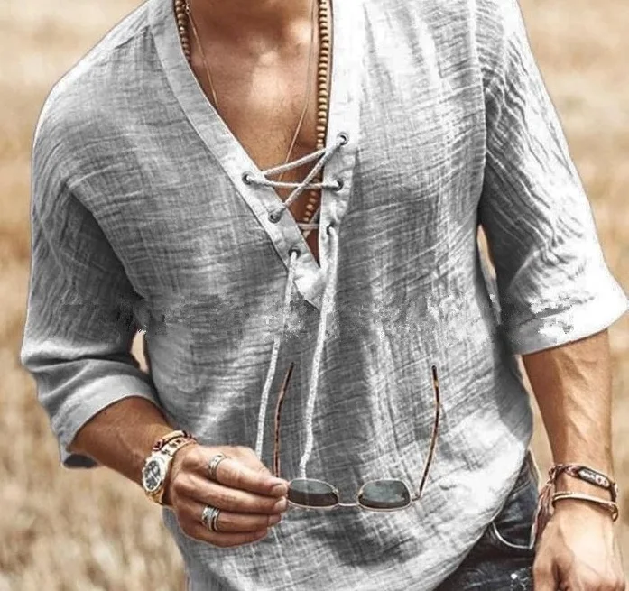Рубашка мужская с коротким рукавом повседневная из хлопка и льна свободная