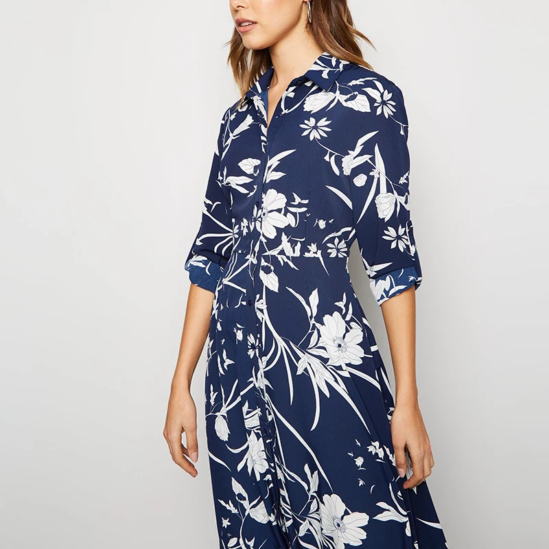 2020 Floral Print Long Women Dress Vintage Loose Female Buttons Shirt Elegant Turn Down Collar Ladies Office Split Dresses | Женская