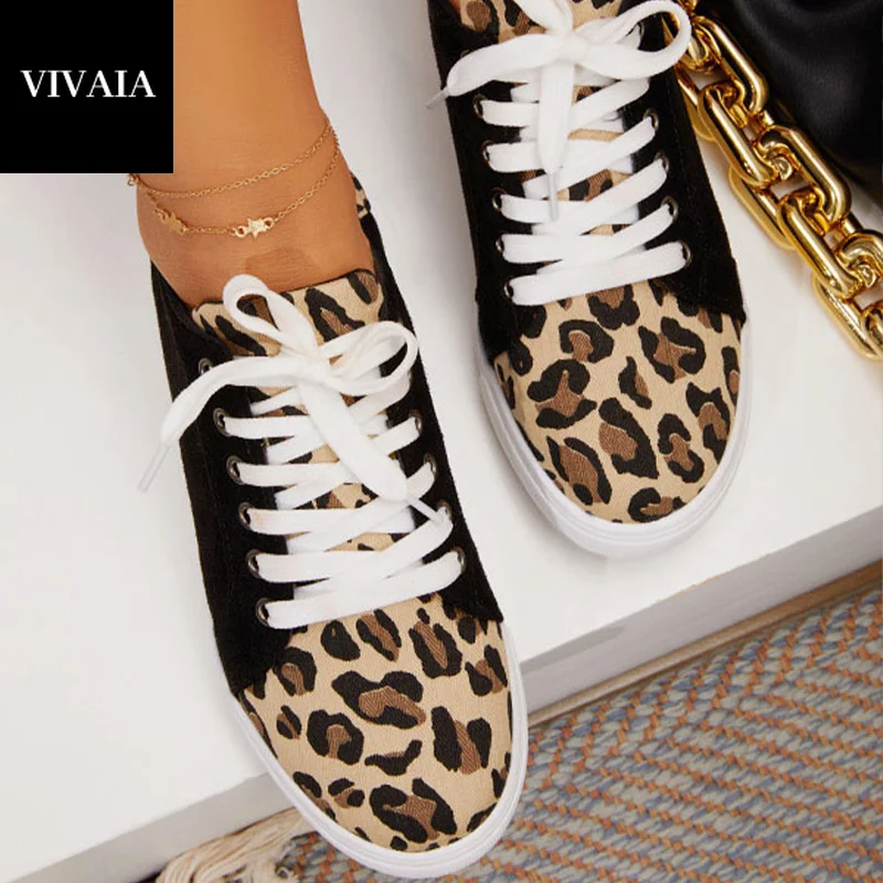 

Leopard Lace-Up Large Size Shoes Women's 2021 VIVAIA New Comfortable Fashion Cloth Canvas Shoes