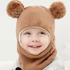 Зимняя теплая детская шапка с помпоном, шарф с капюшоном, шапка s, однотонная вязаная шапка с клапаном для маленьких мальчиков и девочек, шарф, зимние ветрозащитные теплые шапки для новорожденных