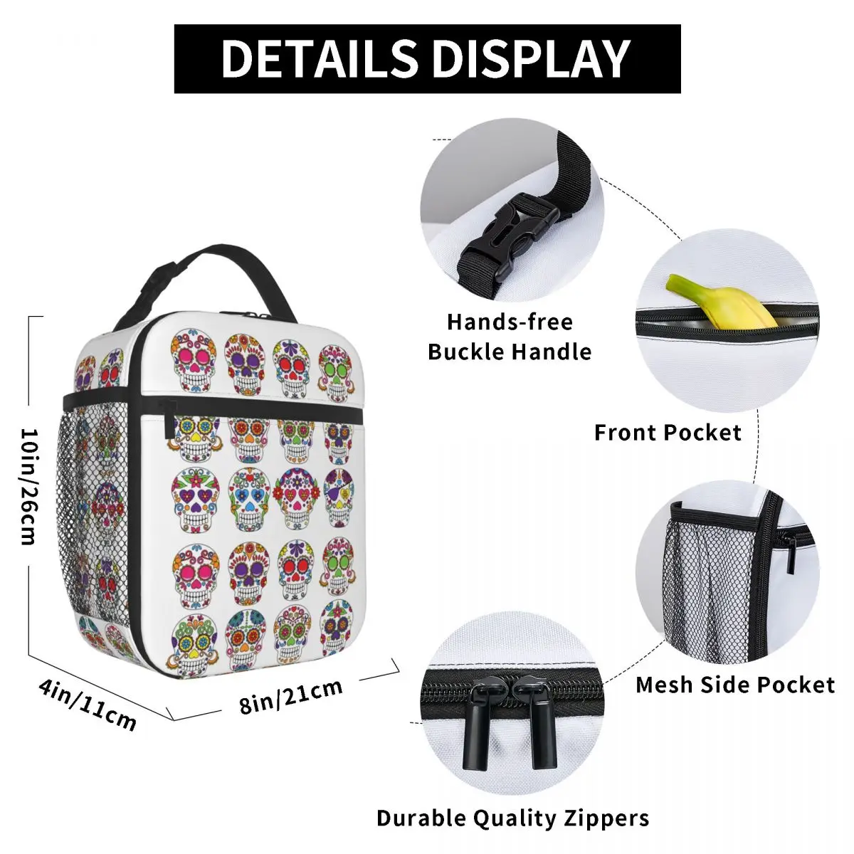 

Sugar Skull Lunch Bag for Women Men Large Insulated Lunch Box with Water Bottle Holder and Pockets
