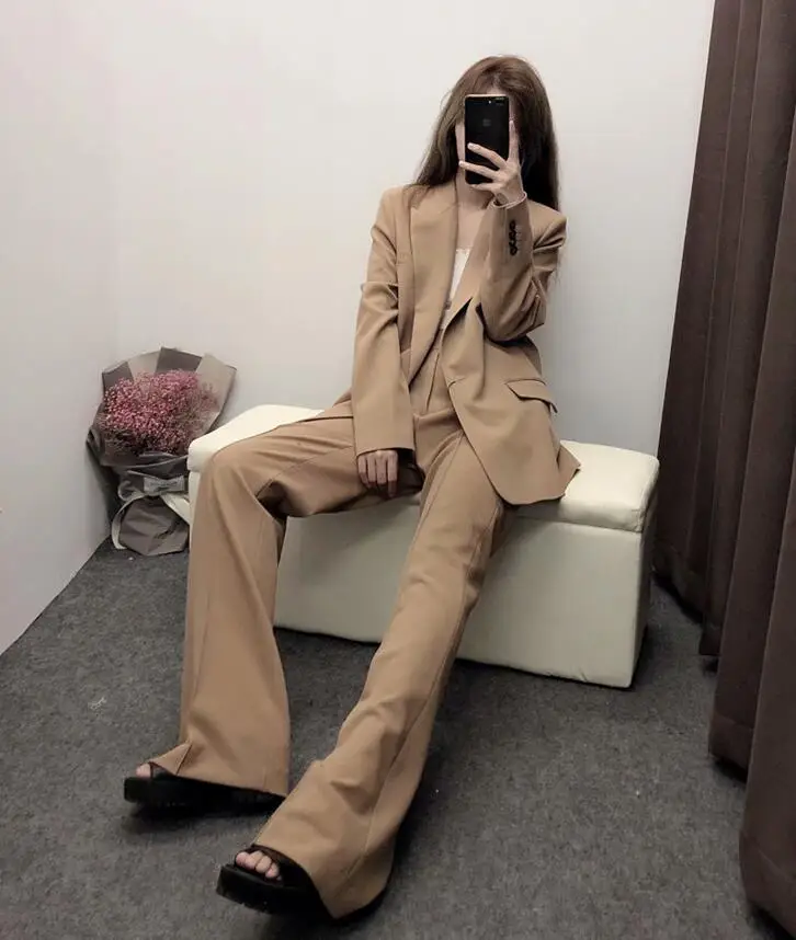 Новинка 2019 Осенний Блейзер на одной пуговице цвета хаки с высокой талией
