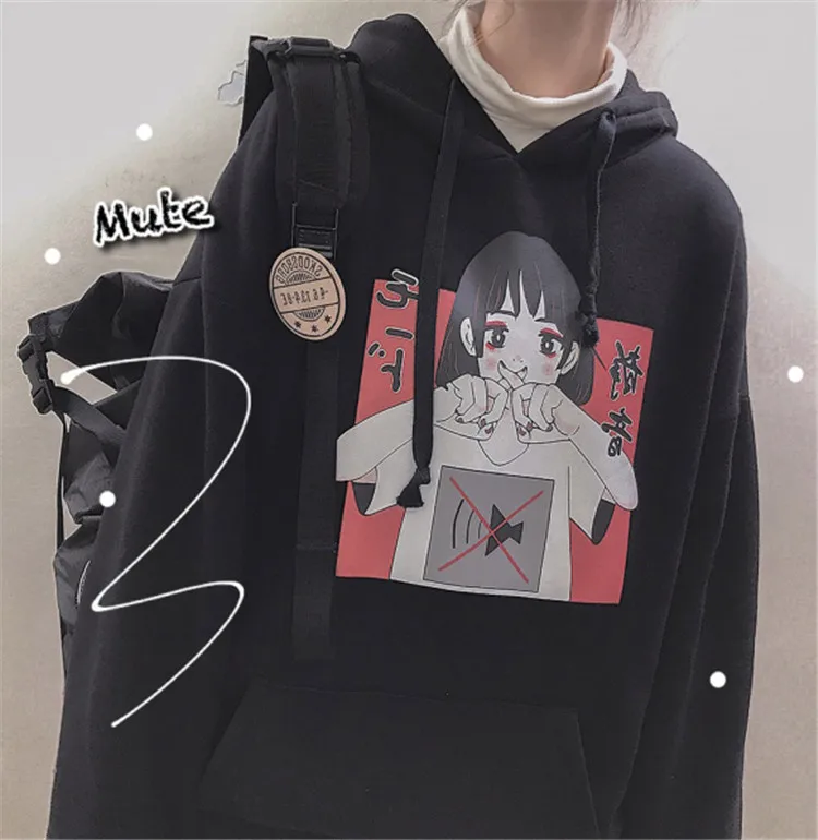 Harajuku Kawaii аниме девушка с капюшоном Толстовка японский Винтаж милый черный флис толстовка с рисунком женский объемный пуловер