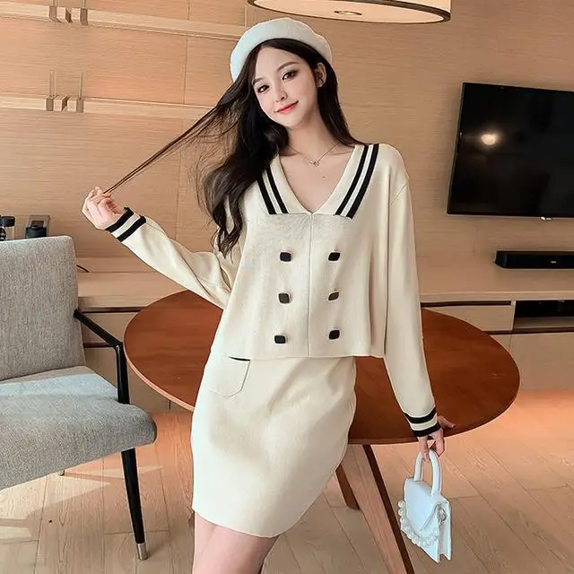 

New Spring and Autumn Graceful Knit Two - Piece Suit Cropped Pullover Sweater High Waist A- line Sheath Dress