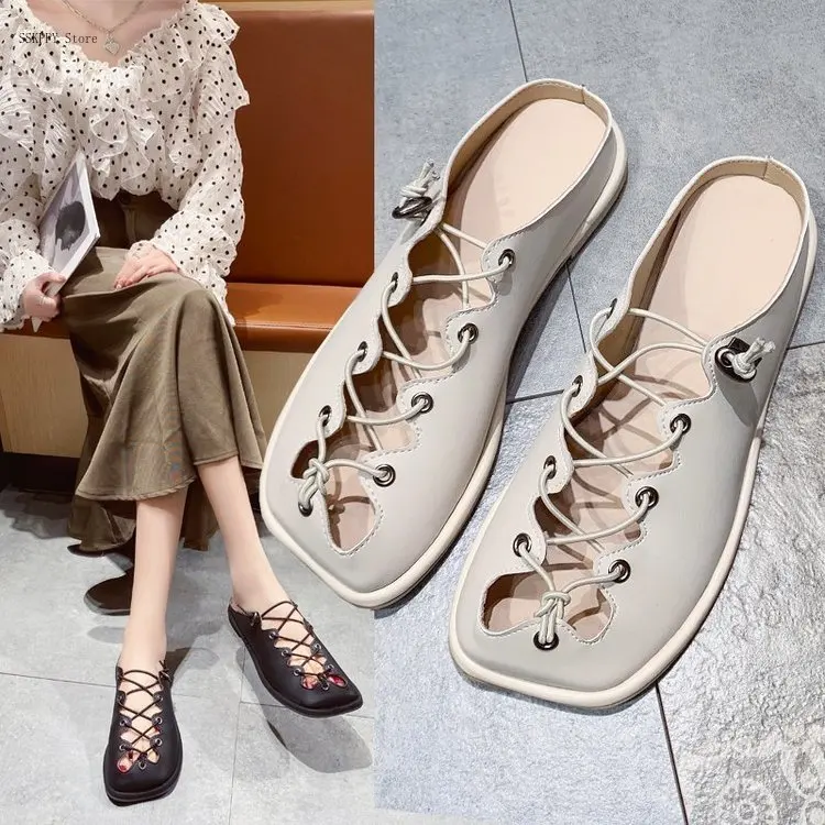 Women's Flat-bottomed Roman Slippers, Summer Fashion, Cross Straps, Hollow Loafers, Baotou Slippers, Sandals and Slippers