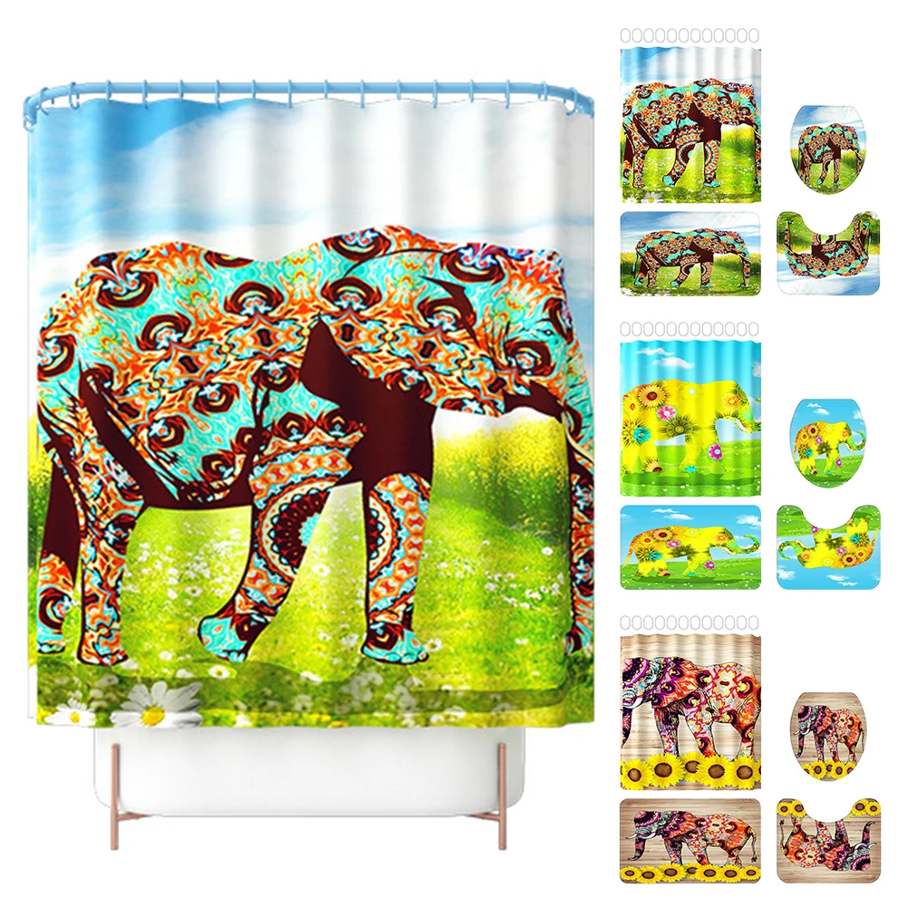 

4pcs Elephant Print Fashion Accessories Hotel Non Slip Waterproof Polyester Easy Install Bath Mat Home Decor Shower Curtain Set