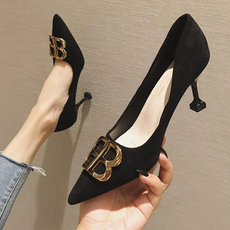 Весна 2020 Новинка Бархатные черные женские туфли на высоком каблуке-шпильке с