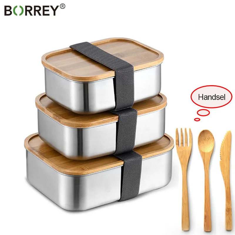 BORREY Stainless Steel Bento Box With Wooden Lid Japanese Bento Box Food Container Storage Metal Bento Box Steamed Lunch Box