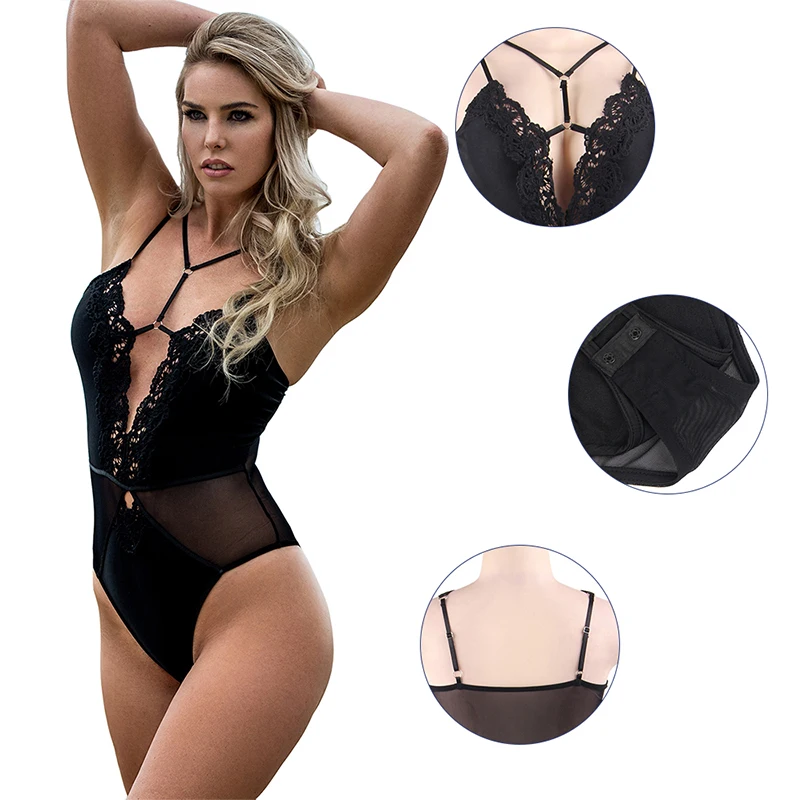 Comeonlover women romper playsuits and jumpsuits Black Lace Sexy Mature Strappy Floral Embroidery lace bodysuit RI80817