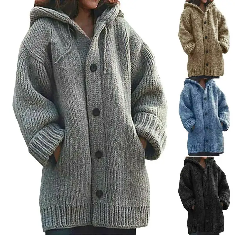 

Long Sleeve Chunky Sweater Women Comfy Hooded Coat Winter Knitted Cardigan Outwear