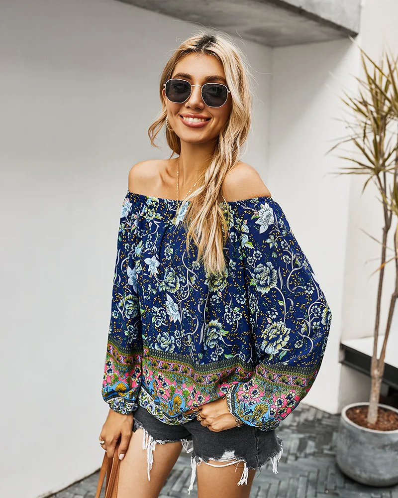 

Slash Neck Women Blouses Summer Floral Printing Blouse Long Sleeve Off Shoulder Lady Office Shirt Loosewomen Tops Blusas 2021