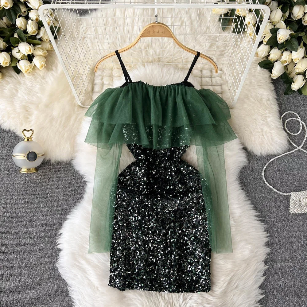 

Lady Sexy Goddess One-shoulder Mesh Stitch Sling Dress Girl Sequins Bag Hip Waist Slim Women Street Party Backless Dress