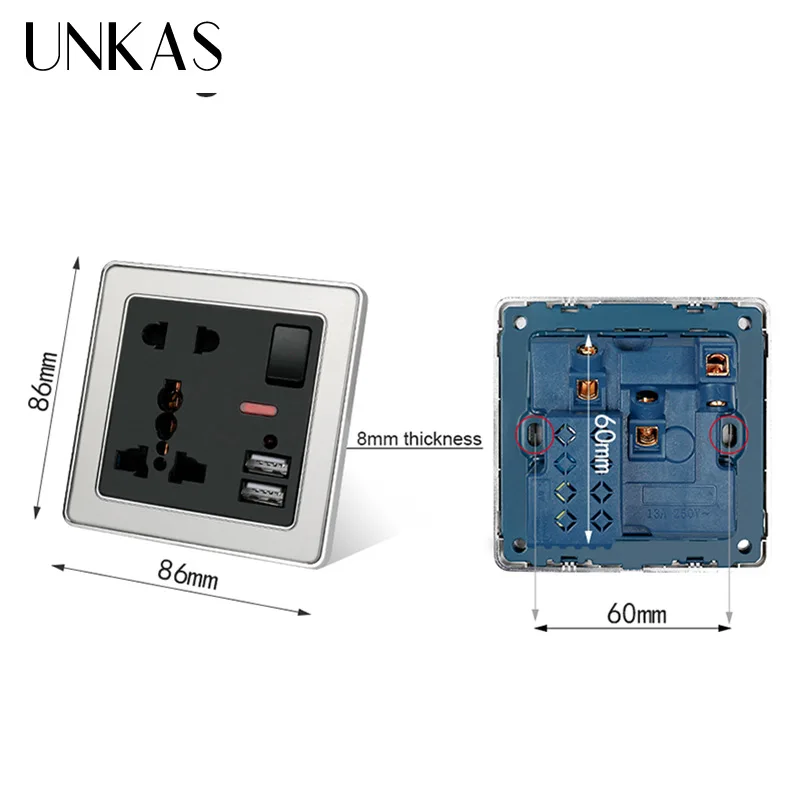 Универсальная настенная розетка UNKAS 13A с 5 отверстиями неоновая а двойной usb-порт