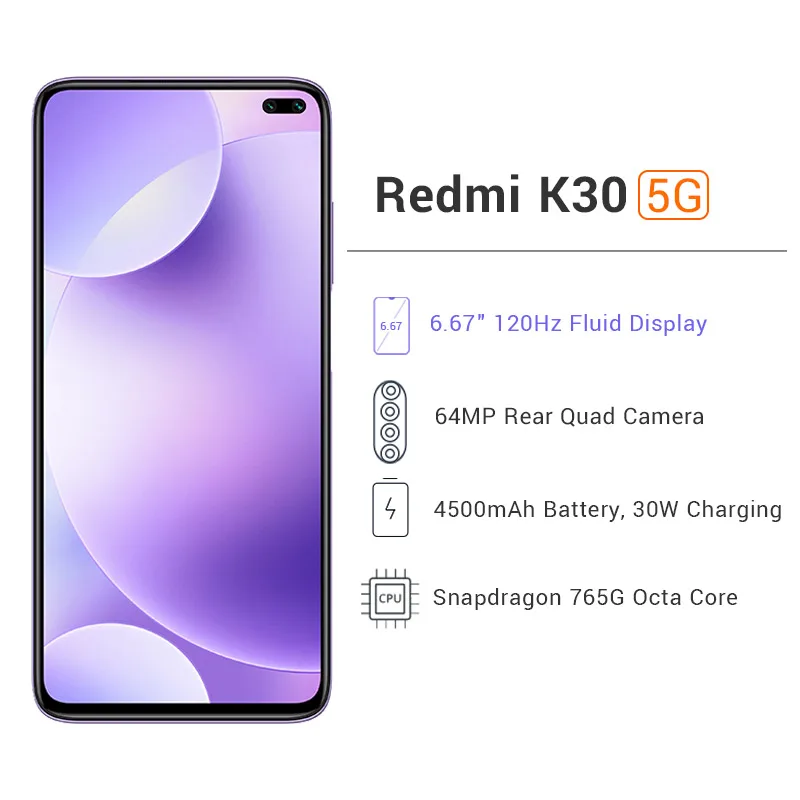 Pre-saleXiaomi Redmi K30 5G 6GB 128GB Смартфон Snapdragon 765G Восьмиядерный 64 мп четырехъядерный камера 120 Гц жидкий дисплей 4500 мАч