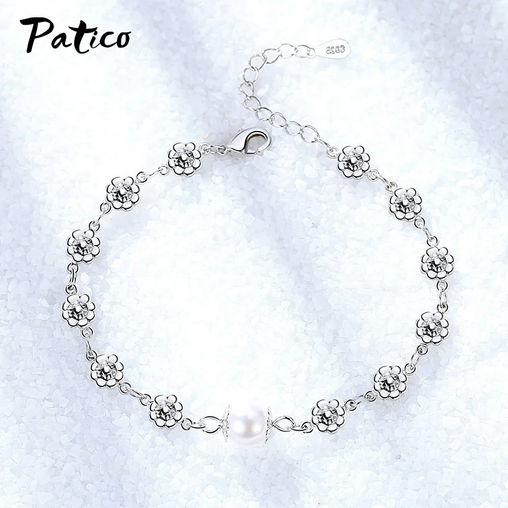 

Luxury Adjustable Long 925 Sterling Silver Jewelry Plum Flower Cubic Zirconia Chain Bracelets For Women Anniversary Gifts Bijoux