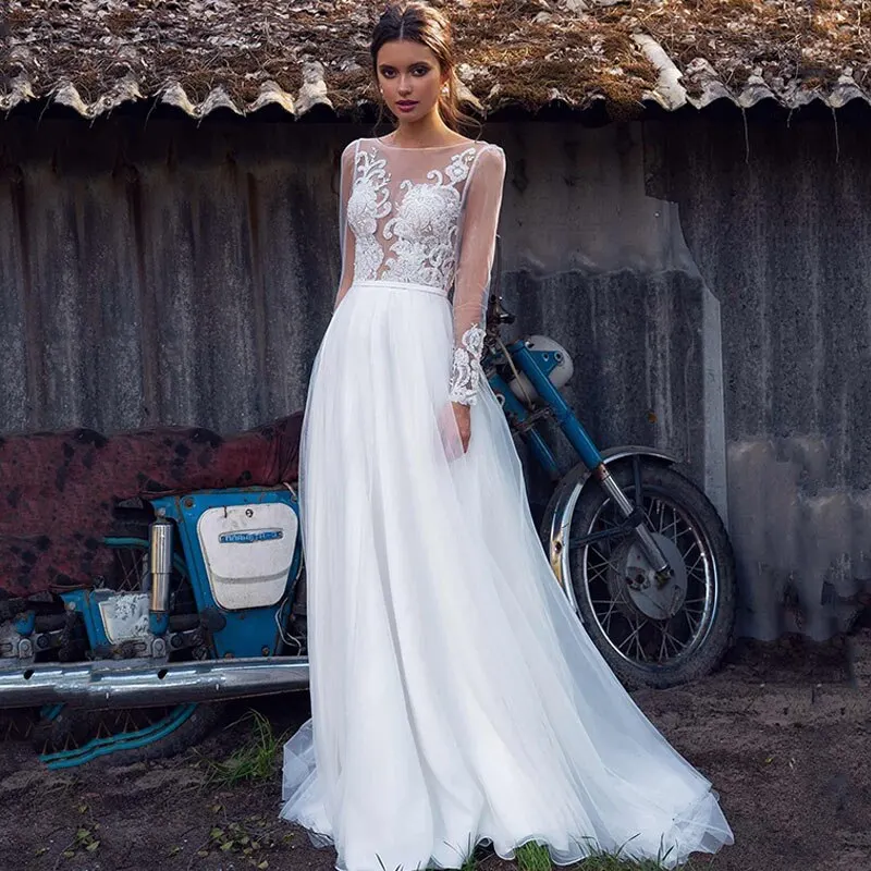 

Sexy Chiffon A Line Wedding Dresses See-through Lace Applique Scoop Long Sleeves Bridal Gown Bride Dress