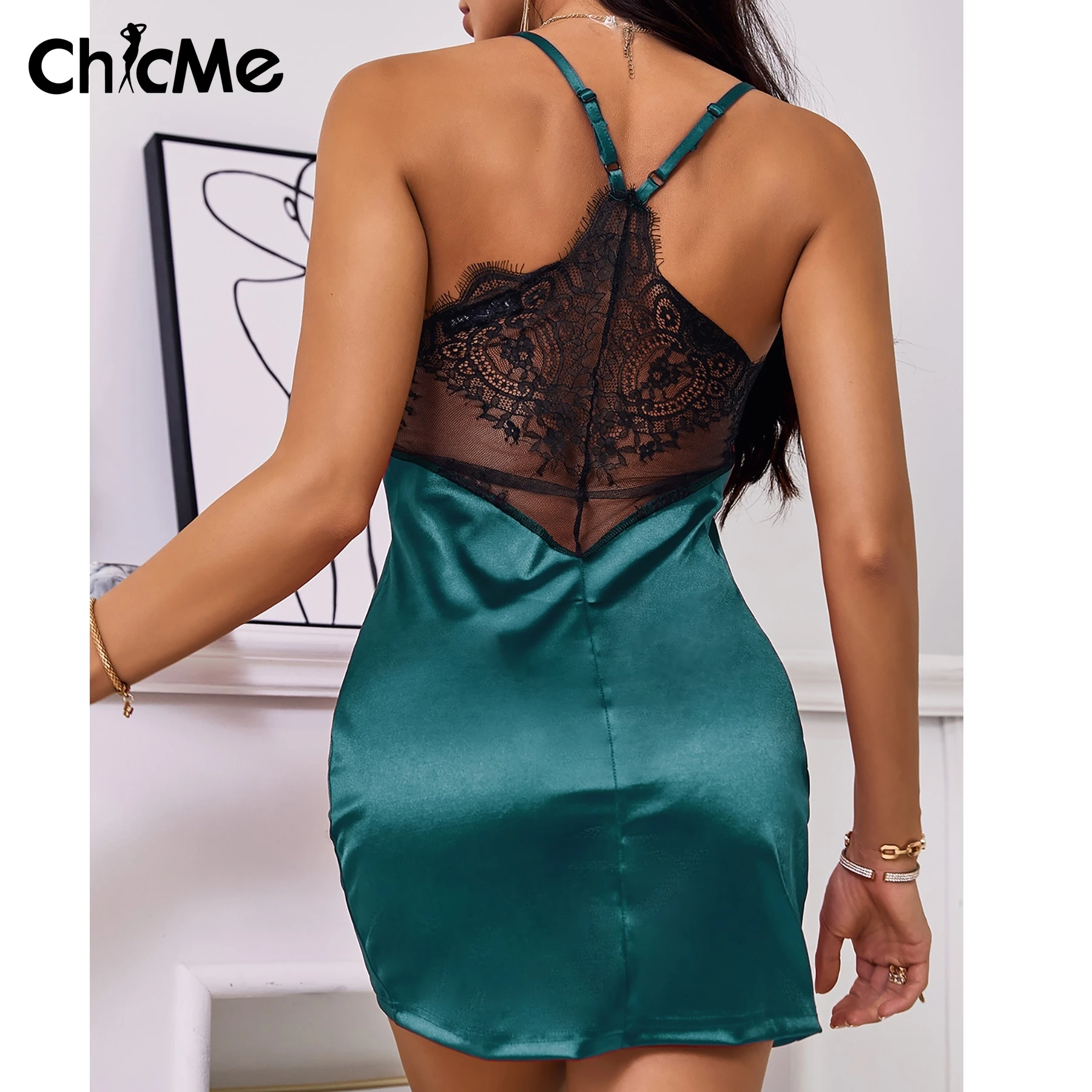 

Chicme Eyelash Lace Dress Sexy Women Sheer Mesh Satin Mini Dress See Through Back V-Neck Spaghetti Strap Dress Homewear Party