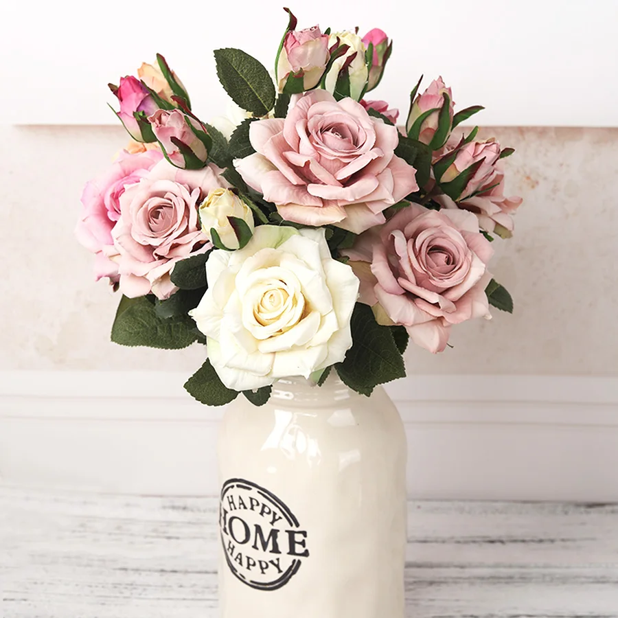 

NEW beautiful big rose branch artificial silk flowers home wedding decoration retro autumn large roses white fake flowers decor