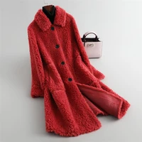 slim korean women sheep fur coat jacket turn down collar single breasted cashmere red winter warm office lady lamb wool overcoat