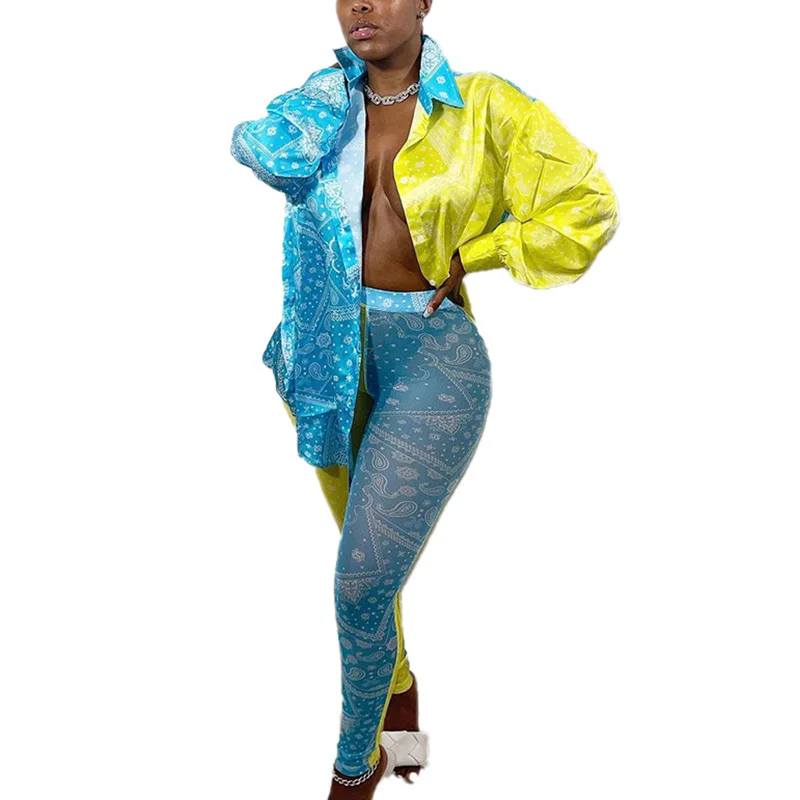 

S-L Fashion Sexy Print Buttoned Shirt And Skinny Mesh Pants New Design Women Two Piece Set Casual Suit Wholesale Dropshipping