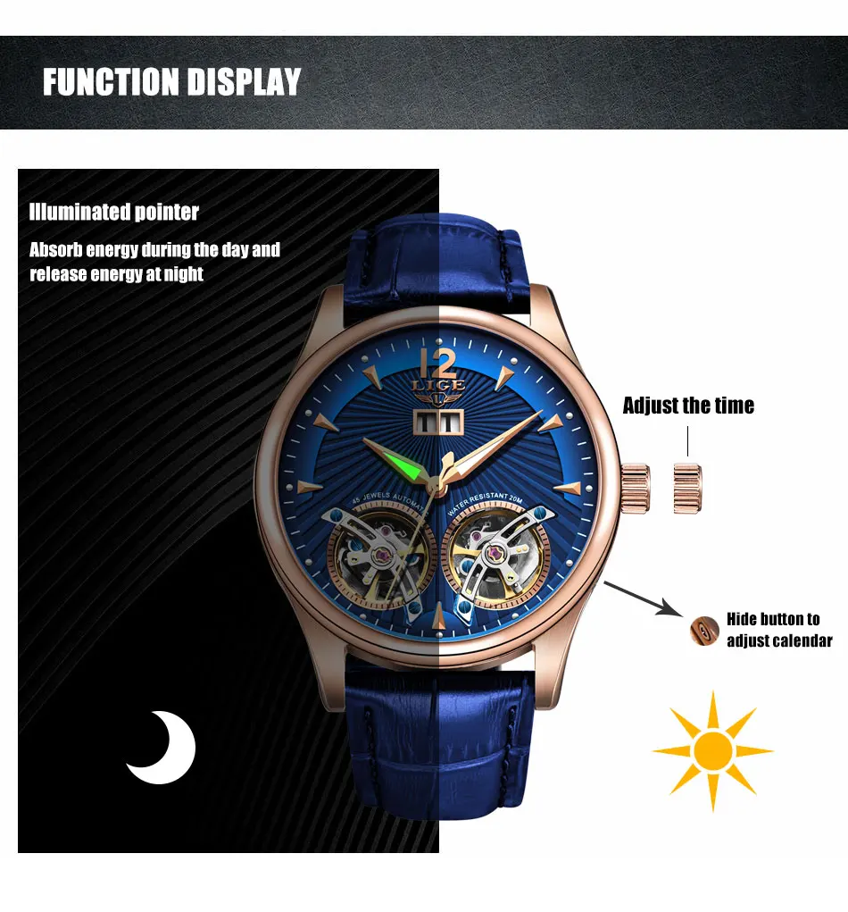 Reloj Hombres LIGE, мужские часы с двойным турбийоном и кожаным ремешком, Топ бренд, Роскошные автоматические механические Спортивные часы, мужские наручные часы