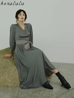 2021 autumn and winter new style japanese silk slippery v neck lantern sleeve long dress women free belt