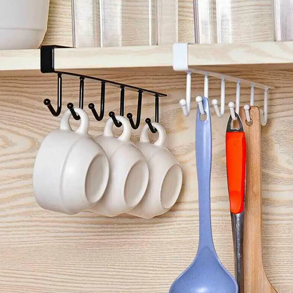 

6 Hooks Cup Holder Storage Cabinet Door Hook Towel Rack Cupboards Hanging Wall Mount Bathroom Kitchen Tool