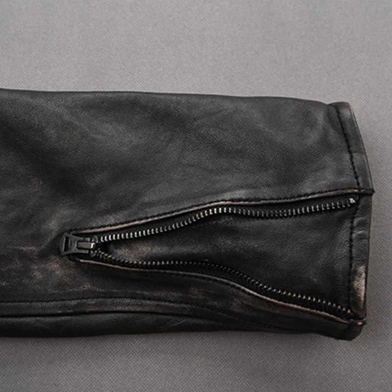 

2020 Vintage Black Men Japan Style Slim Fit Biker's Jacket Genuine Sheepskin Spring Short Motorcycle Leather Coat