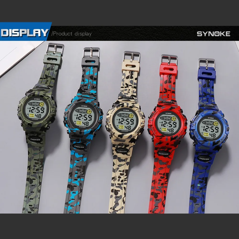 SYNOKE Sports Military Kids Digital Watches Student Children's Watch Fashion Luminous Led Alarm Camouflage Green Boy Clock