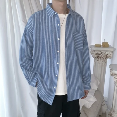 

Мужская Весенняя Свободная рубашка в полоску han, молодежная трендовая универсальная Повседневная рубашка