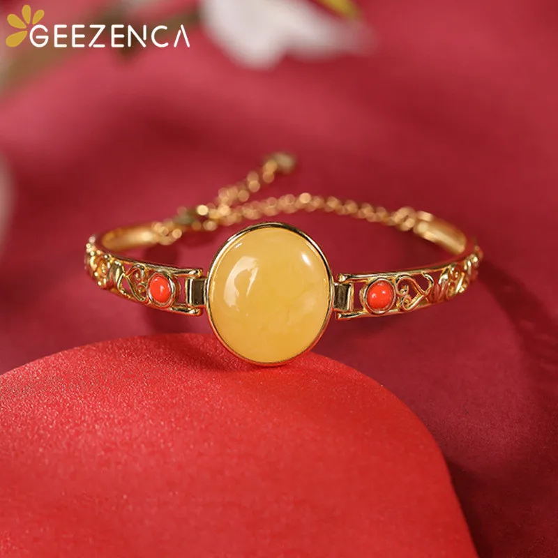 

GEEZENCA 925 Sterling Silver Gold Plated Natural Amber Bracelet Bangle For Women Luxury Vintage Gemstone Adjustable Bangles Gift