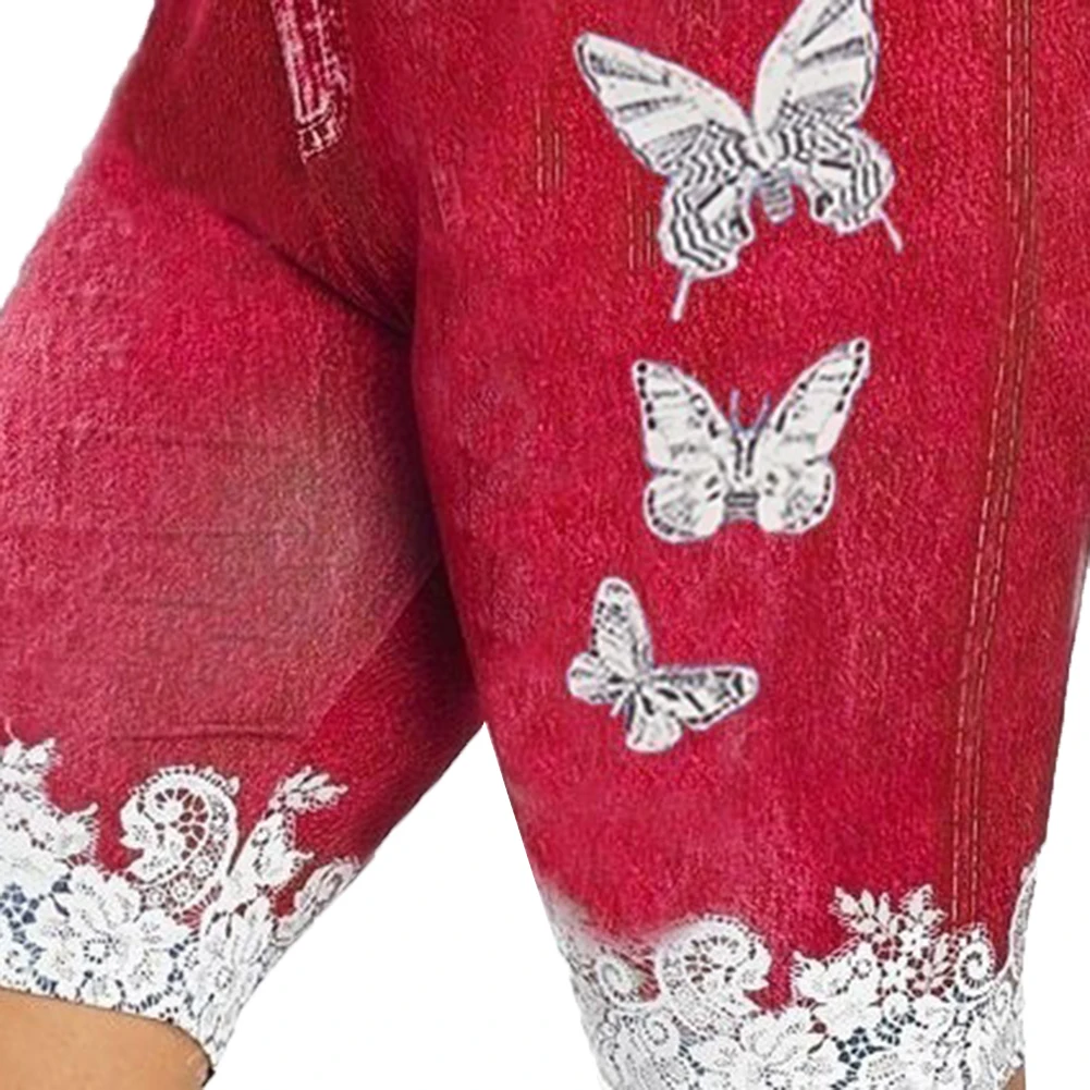 

Plus Size Denim Shorts Women Lace Patchwork Butterfly Print Bodycon Shorts Elastic Skinny Denim Shorts for Women short feminino