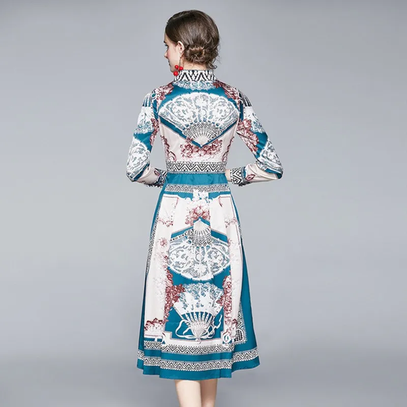 

2021 New Fashion Casual Slim Temperament Dress Women Lapel Long Sleeve High Waist Printed Dress