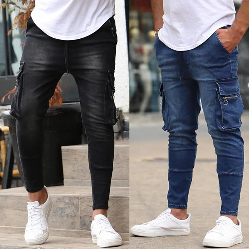 2021 Men's Jeans Streetwear Knee Ripped Skinny Jeans for Men Hip Hop Fashion Hole Pants Solid Color Male Stretch Denim Trousers