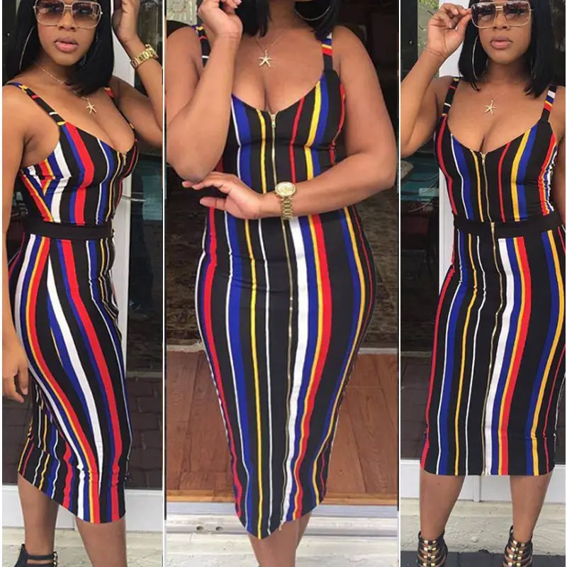 Сексуальное женское летнее Бандажное Полосатое платье 2017 на бретелях с v