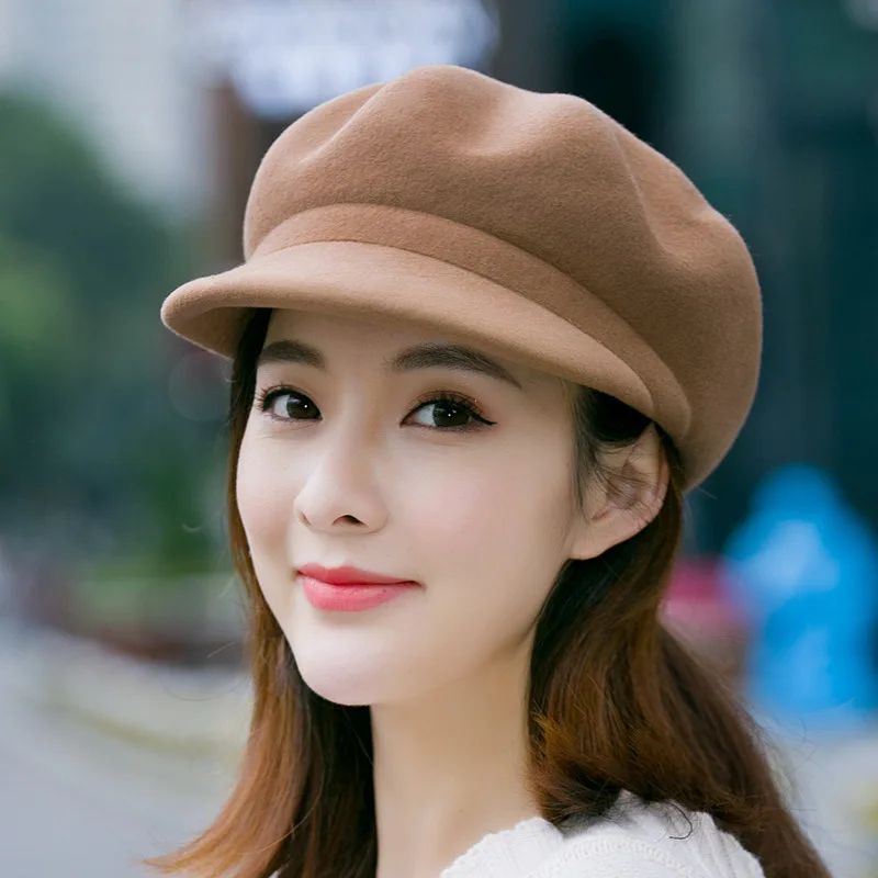 Hat Lady Korean Version Autumn and Winter Wool Beret English Temperament Fashion Joker Duck Tongue Octagon Hat Top Hat