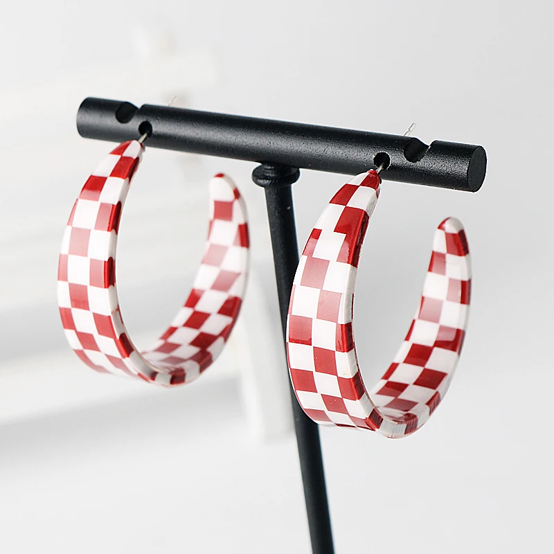 

Fashion Checkerboard Earrings Bump Color C Half Circle Stud Earrings For Women Retro Korea Trend Jewelry Christmas Friends Gift