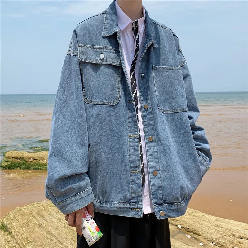 

Men's Thin Coat 2021 Denim Jacket Autumn New Ins Loose Fashion Black Blue Short Upset College Street Couples Dress Korean