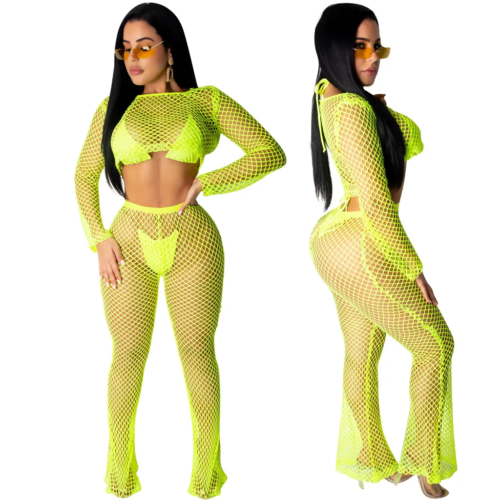 Women Summer Two Piece Set Sexy Fishing Net Hollow Out Transparent Long Sleeve Crop Tops Tight Pants Fashion Suits Outfits |
