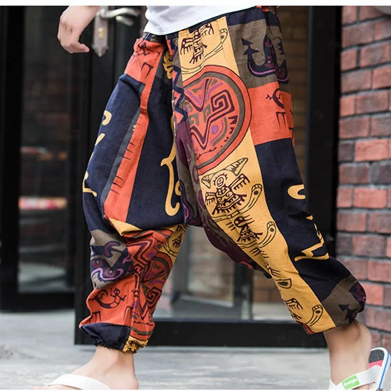 Брюки султанки мужские с принтом льняные свободные штаны в стиле хип хоп модные