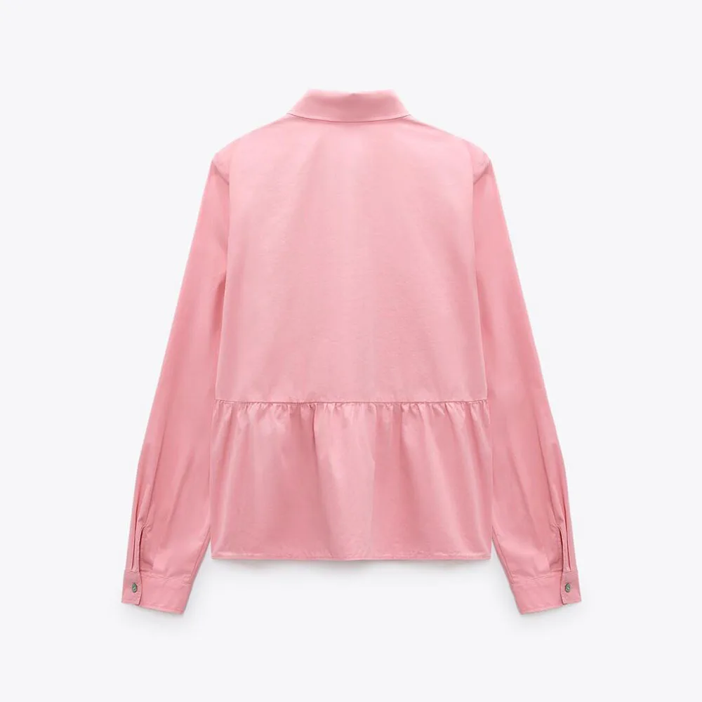 

Za Women 2021 Summer New Sweet Fashion Poplin Cropped Blouses Vintage Long Sleeve Ruffled Female Shirts Chic Tops