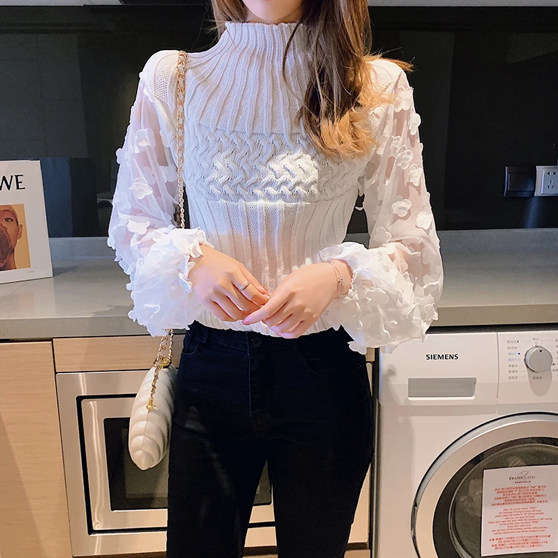 

Only Plus Women Blouses Ladies Appliques Mesh Sleeve Solid Elegant Blouses Cropped Tops Women Stretchy Knitted Blouse Spring