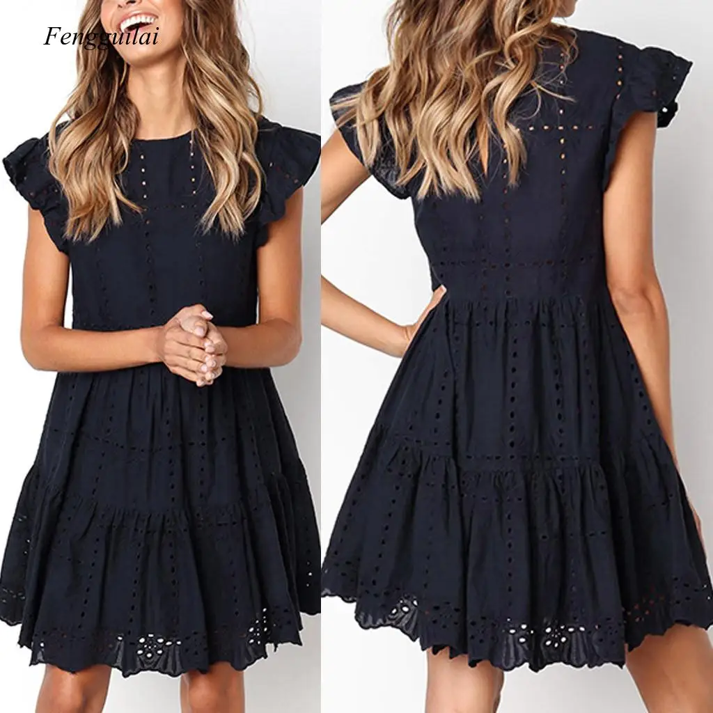 

A-Line Mini Dress Woman Ruffles Sleeve Beach Dress Woman Basic O-Neck Dresses Summer Sukienka De Verano