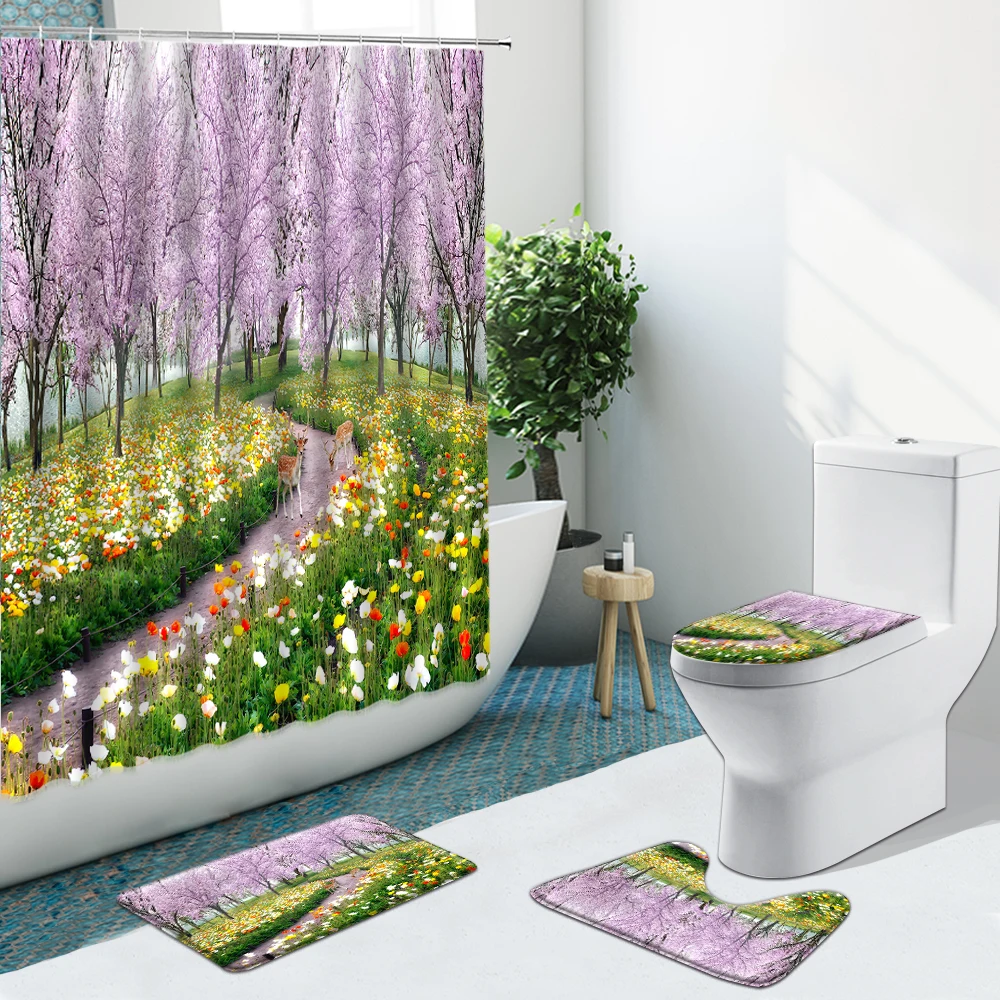 

Floral Forest Elk Bathroom Set Waterfalls Mountain Natural Scenery Shower Curtain Non-Slip Rugs Flannel Toilet Cover Bath Mat