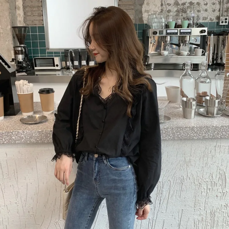 

2021spring New Black Shirt Women's Design Sense Niche Top Retro Hong Kong Style Loose Long Sleeve Shirt Fashion