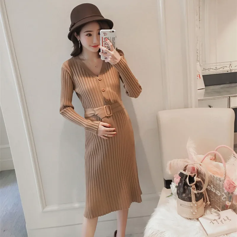 Одежда для беременных зимнее платье свитер с поясом тянущийся тонкий V-образный