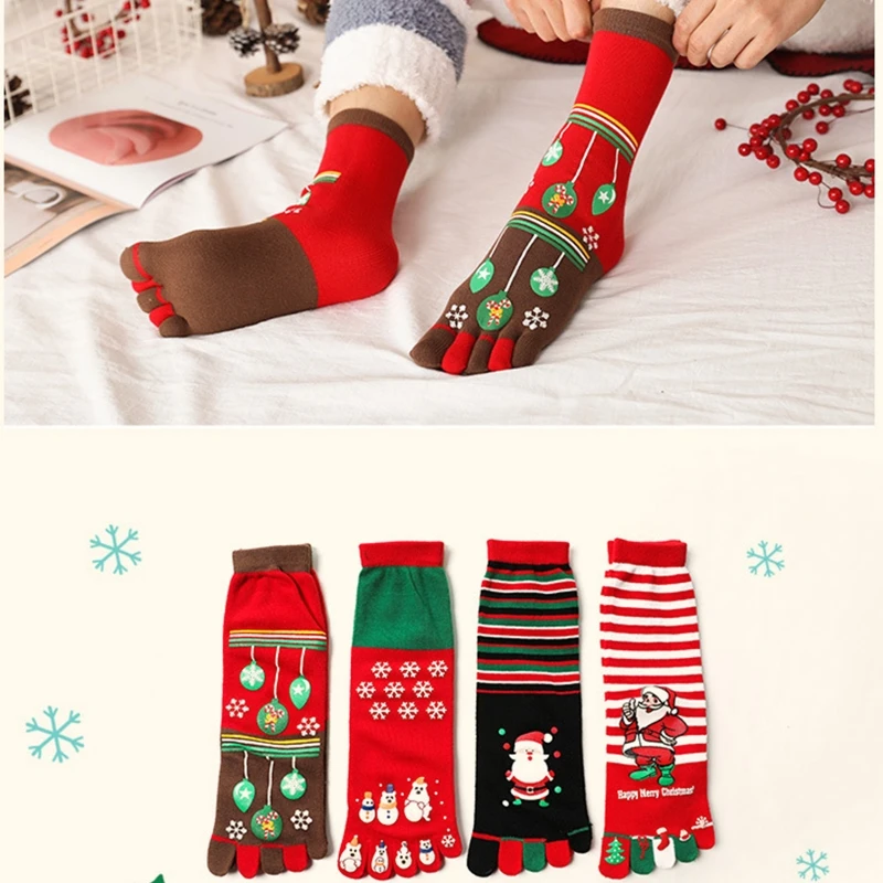 

4 Pairs Christmas Five Toes Crew Socks Cartoon Stretchy Holiday Stockings Gifts