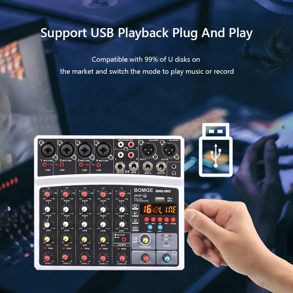 

6 каналов звуковой микшерный консоль 16 DSP Bluetooth-совместимый USB интерфейс Запись MP3 компьютер 48 В Мощность монитор аудио микшер